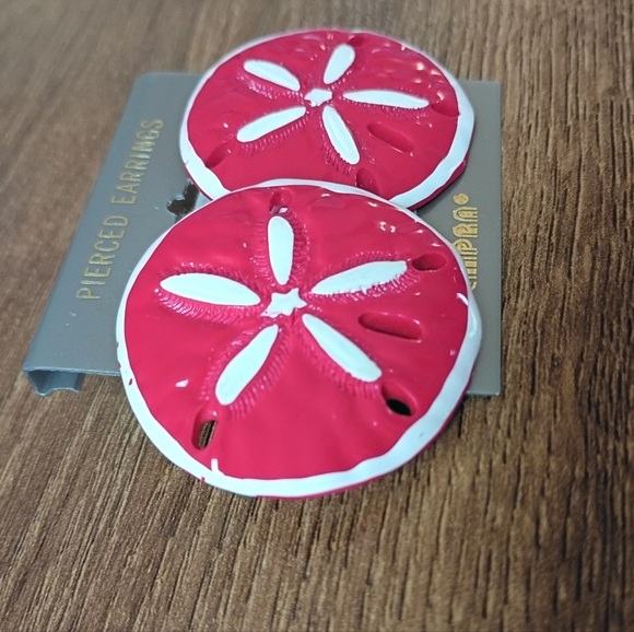 Bright Red Sand Dollar Round Drop Earrings Coastal Beach Summer Nautical - Picture 3 of 6
